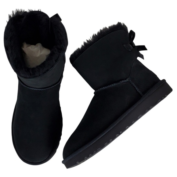 UGG Mini Bailey Bow Water Resistant Suede Fur Winter Ankle Boots Black - Picture 7 of 12